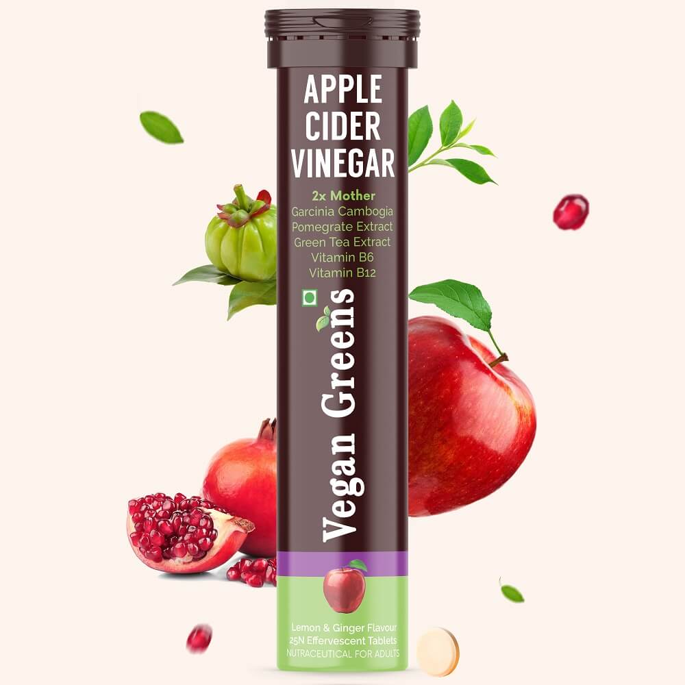Vegan Greens- Apple Cider Vinegar For Weight Loss with 2x Mother, Garcinina Cambogia, Pomegranate & Greens Tea, Vitamin B6 & B12 (Effervescent)